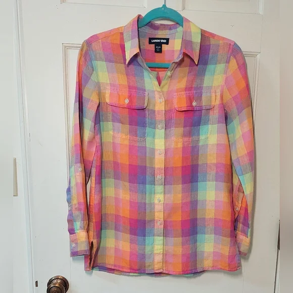Lands' End Rainbow Madras Plaid Button Down Linen Shirt, Size XS (runs big) - Picture 2 of 9